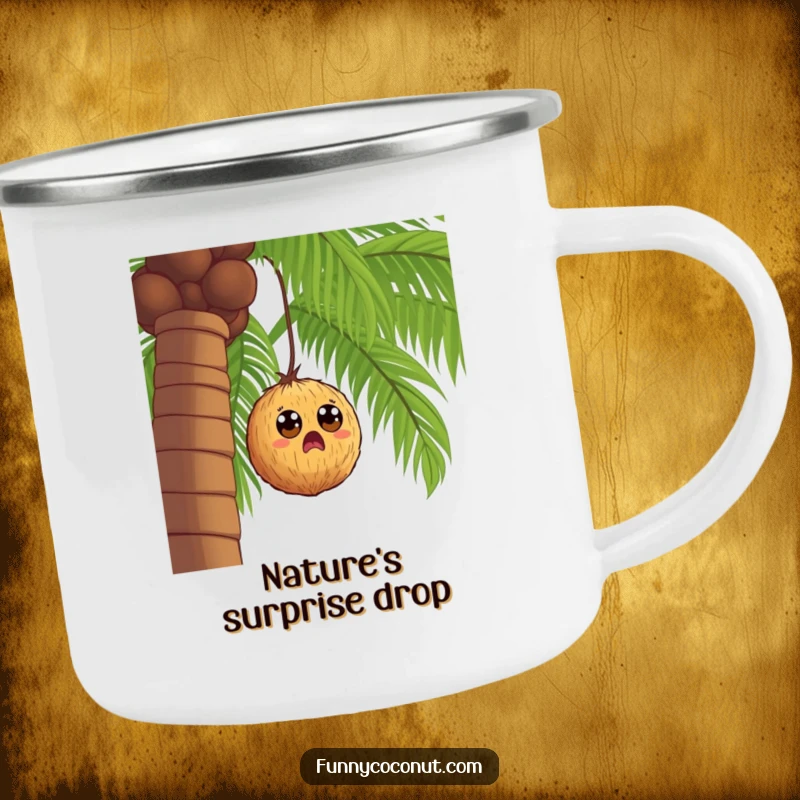 Funny wide-eyed coconut falling from a palm tree, a durable and humorous camping mug for outdoor adventures.