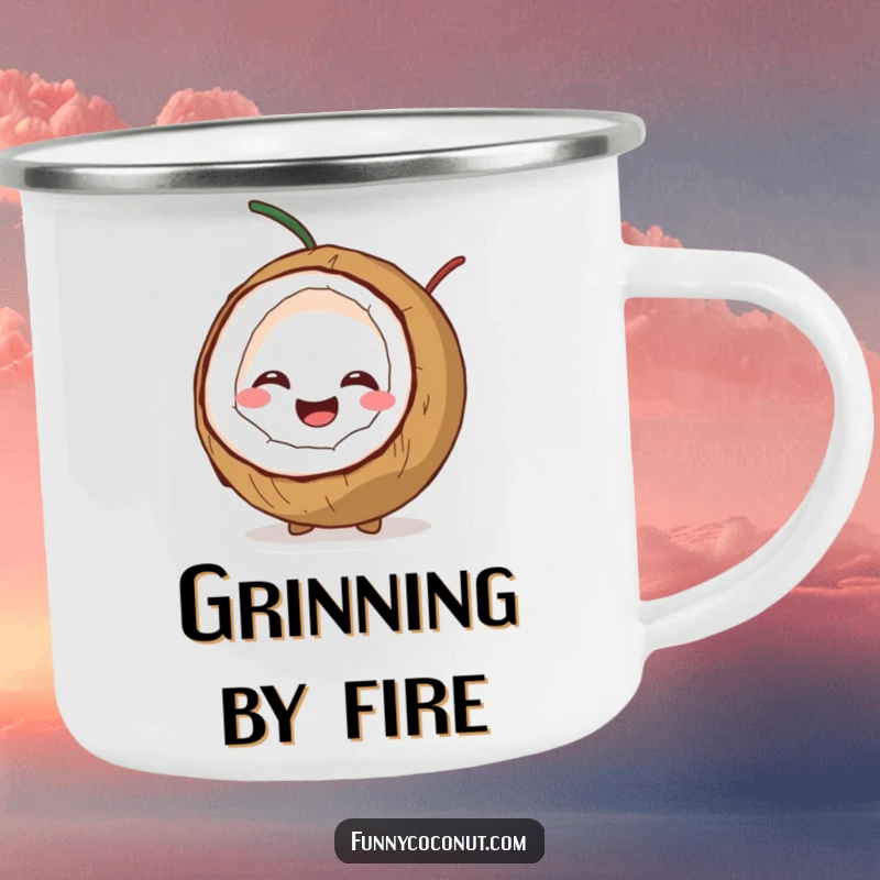 Funny camping mug featuring a coconut character splitting open with a hearty giggle, bringing hilarious vibes to adventures.