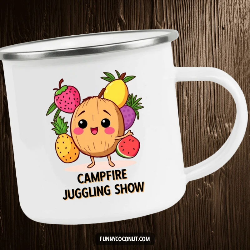 Funny camping mug with a laughing coconut character juggling three tropical fruits, ready for outdoor fun.