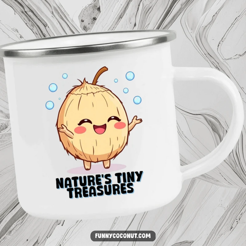 Funny giggling coconut character camping mug juggling dewdrops, durable and cheerful for all your outdoor excursions.