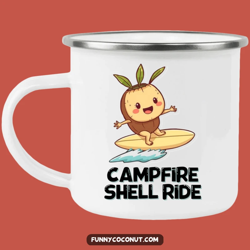 Funny Playful Coconut Surfer Camping Mug: Shell Surfboard Adventure Gift