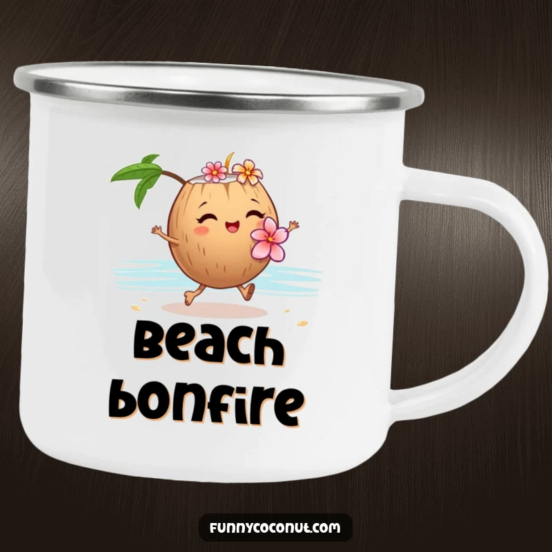 Funny camping mug with a winking coconut and flower lei, skipping on sand, perfect for tropical outdoor moments.