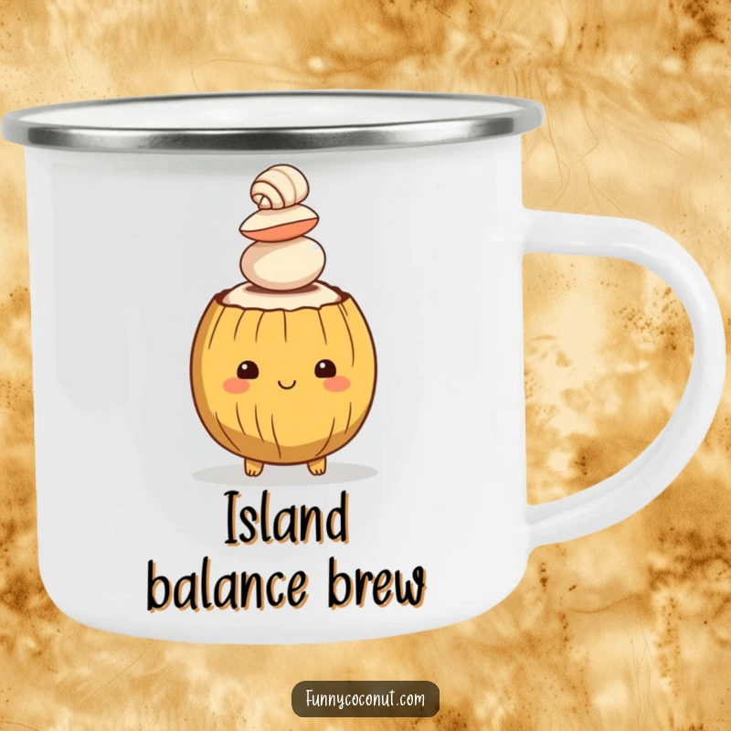 Funny camping mug decorated with a smiling coconut character balancing seashells, perfect for enjoying drinks outdoors with a tropical twist.