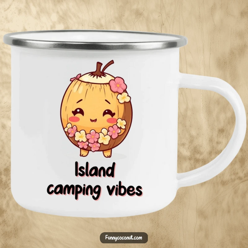 Funny enamel camping mug featuring a bewildered coconut wearing a tiny lei, perfect for outdoor enjoyment.