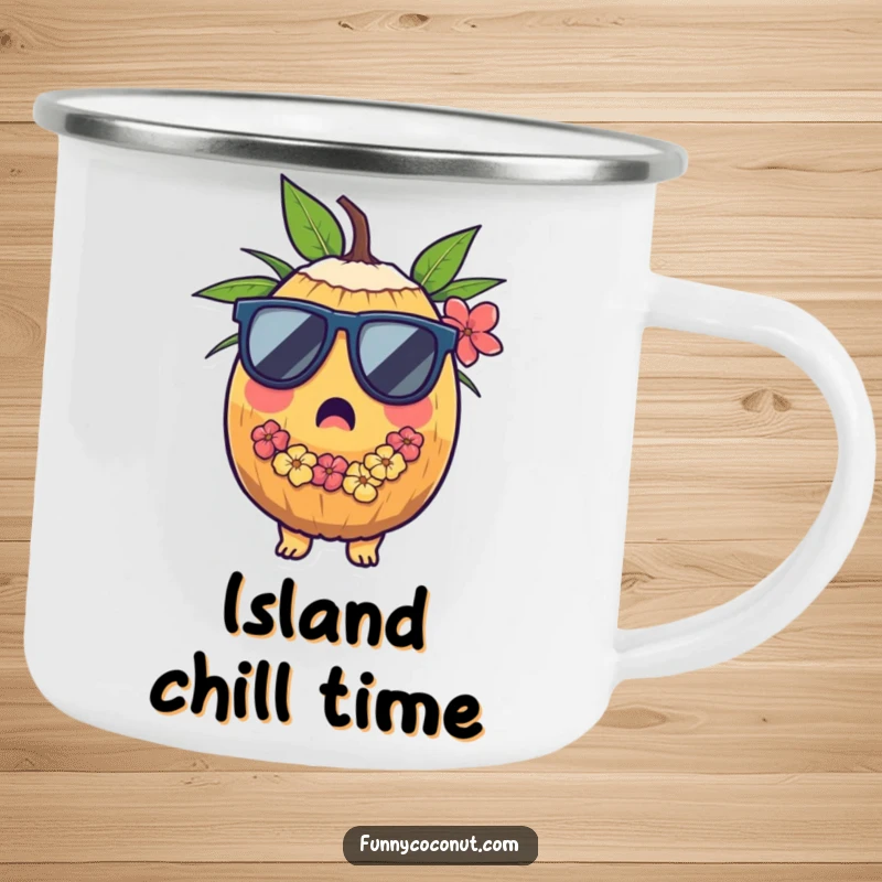 Funny camping mug featuring a surprised coconut wearing sunglasses and a lei, bringing tropical vibes to adventures.