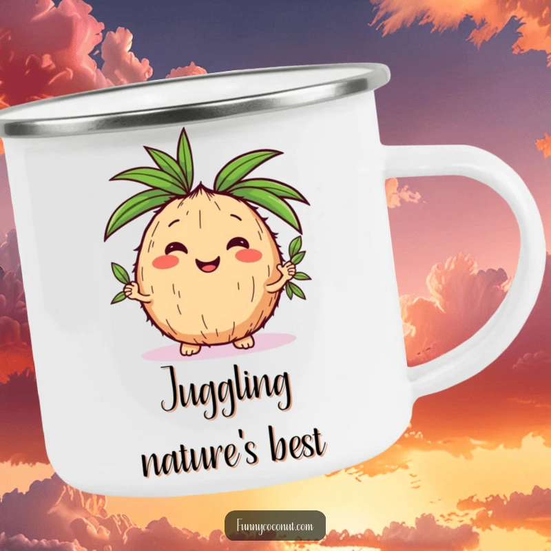 Funny kawaii coconut juggling palm leaves on a rugged camping mug, built for laughter and adventure.