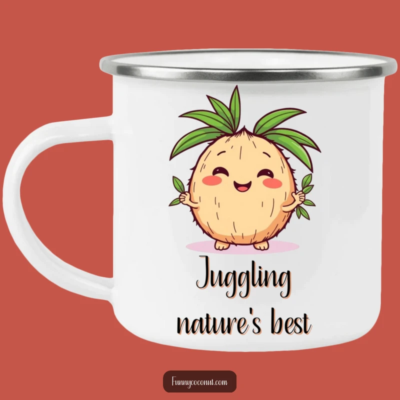 Durable Funny Kawaii Coconut Juggling Leaves Camping Mug - Outdoor Tropical Laughs Gift