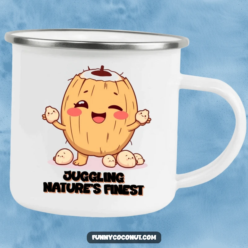 Funny Camping Mug: A winking coconut juggles smiling seashells, perfect for hot drinks around the campfire, adding beachy fun.