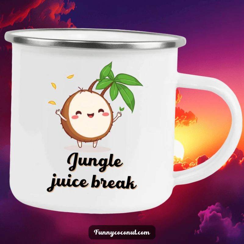 Funny Camping Mug: A rustic enamel mug with a playful coconut character juggling small palm leaves, designed for outdoor fun and laughter.