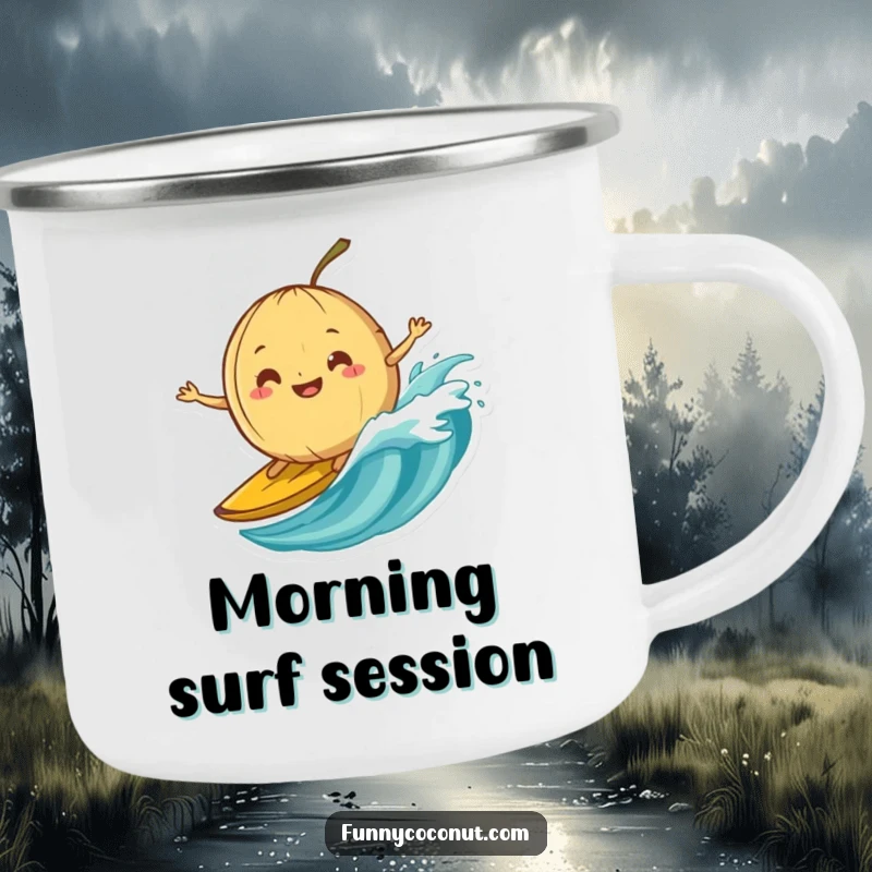 Funny camping mug with a silly-grinning coconut attempting to surf on a banana peel wave, perfect for outdoor fun.