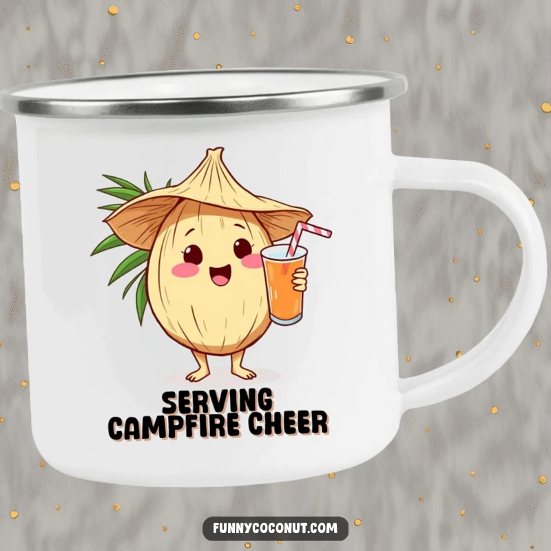 Funny kawaii coconut in a straw hat serving a drink on a rugged camping mug, perfect for outdoor enjoyment.