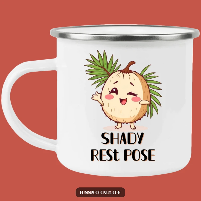 Funny Coconut Pose Camping Mug: Winking Character Outdoor Fun, Humorous Gift