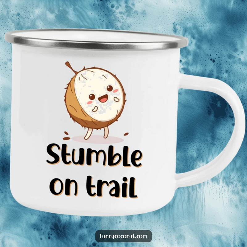 Funny kawaii coconut wobbling comically while doing a cartwheel, on a durable camping mug for outdoor enjoyment.
