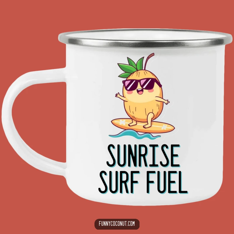 Funny Camping Mug: Cool Coconut on Surfboard - Rustic & Humorous Outdoor Gift