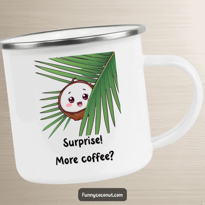 Funny Surprised Coconut Camping Mug, a coconut peeking from behind palm fronds with a comical surprised expression, perfect for outdoor drinks.