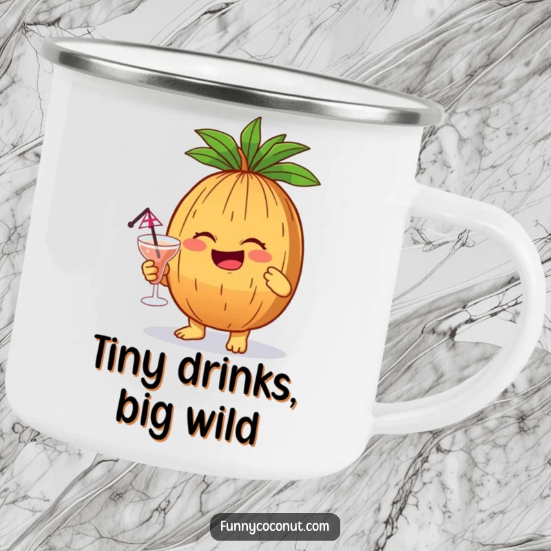 Funny giggling coconut holding a small cocktail with an umbrella, a humorous and durable camping mug.