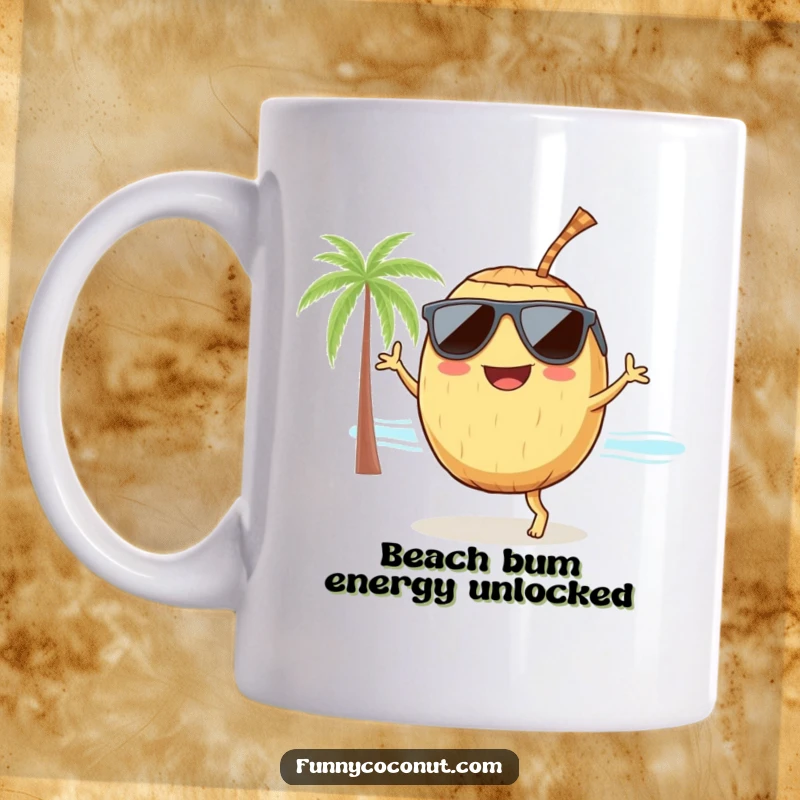 Funny dancing coconut wearing sunglasses and holding a straw, grooving on a sunny beach, embodying carefree summer vibes.