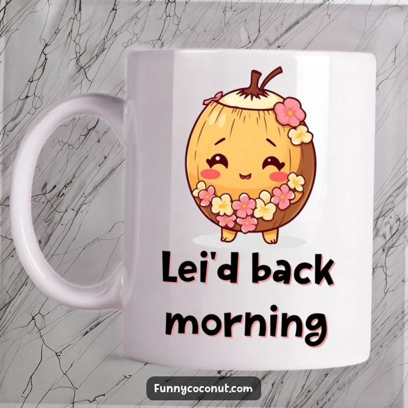 Funny ceramic mug showing a bewildered coconut wearing a tiny lei, looking adorably confused.