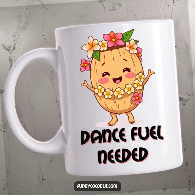 Funny Coconut Mug, a smiling coconut character doing a silly dance with a flower lei, embodying festive fun, a perfect funny gift.