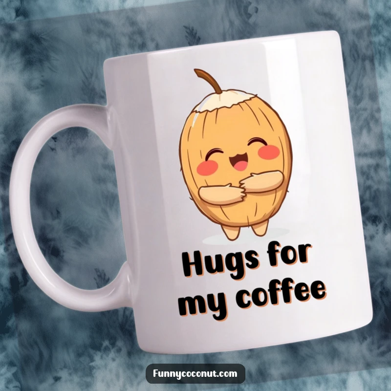 Funny mug featuring a cheerful coconut character offering a big, warm hug, symbolizing tropical friendship and joy.