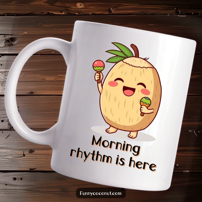 Funny mug of a cheerful coconut character joyfully shaking small maracas, embodying a lively and festive spirit with infectious energy.