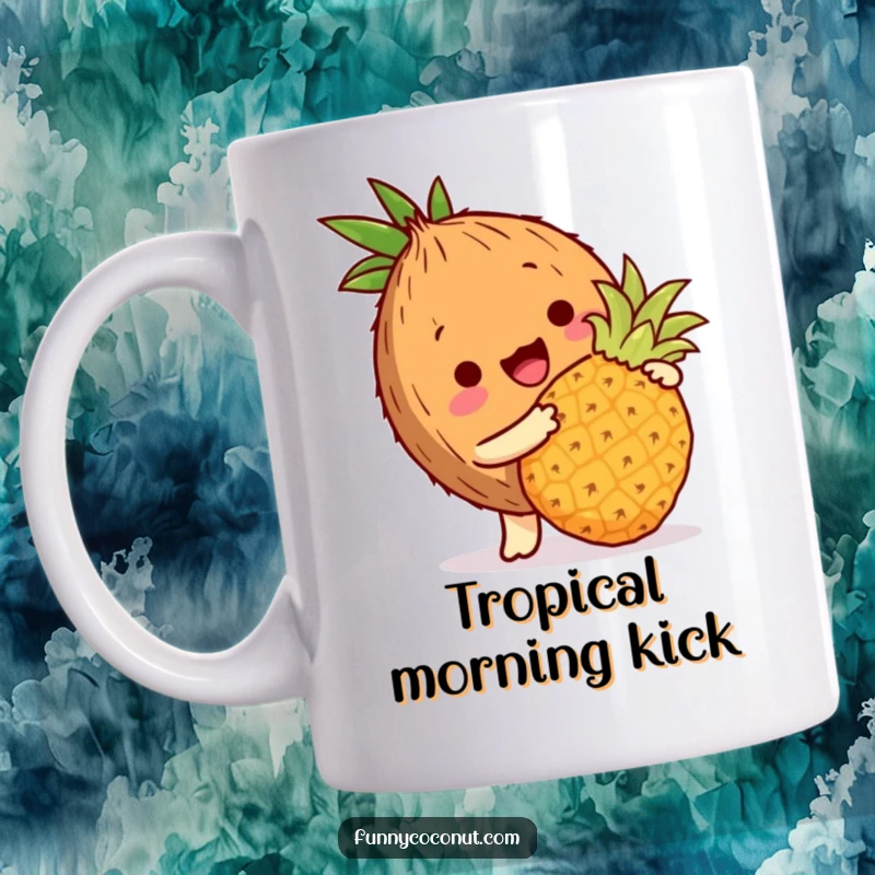 Funny coconut mug showing a coconut character playfully bopping a miniature pineapple with its husk, tropical fun.