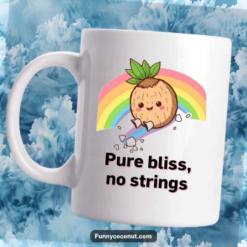 Funny Mug: A happy coconut character slides down a vibrant rainbow, leaving a trail of coconut flakes, a symbol of pure delight.