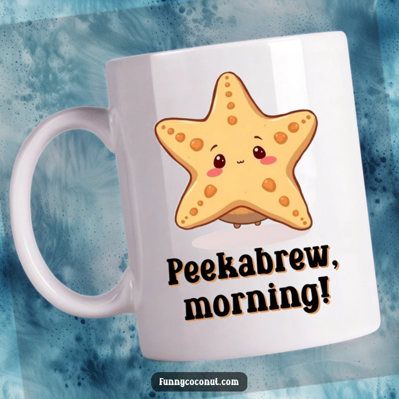 Funny mug showing a curious coconut character peeking playfully from behind a large, friendly starfish, capturing an ocean hide-and-seek moment.