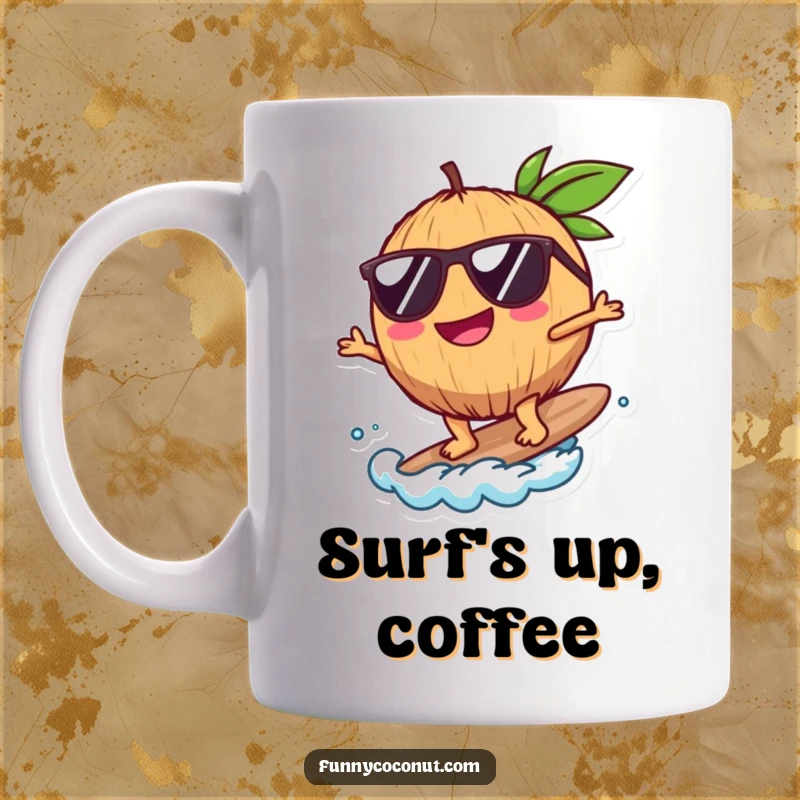 Funny Coconut Mug, a happy coconut character wearing sunglasses, surfing a tiny wave, embodying tropical fun, a perfect funny gift.
