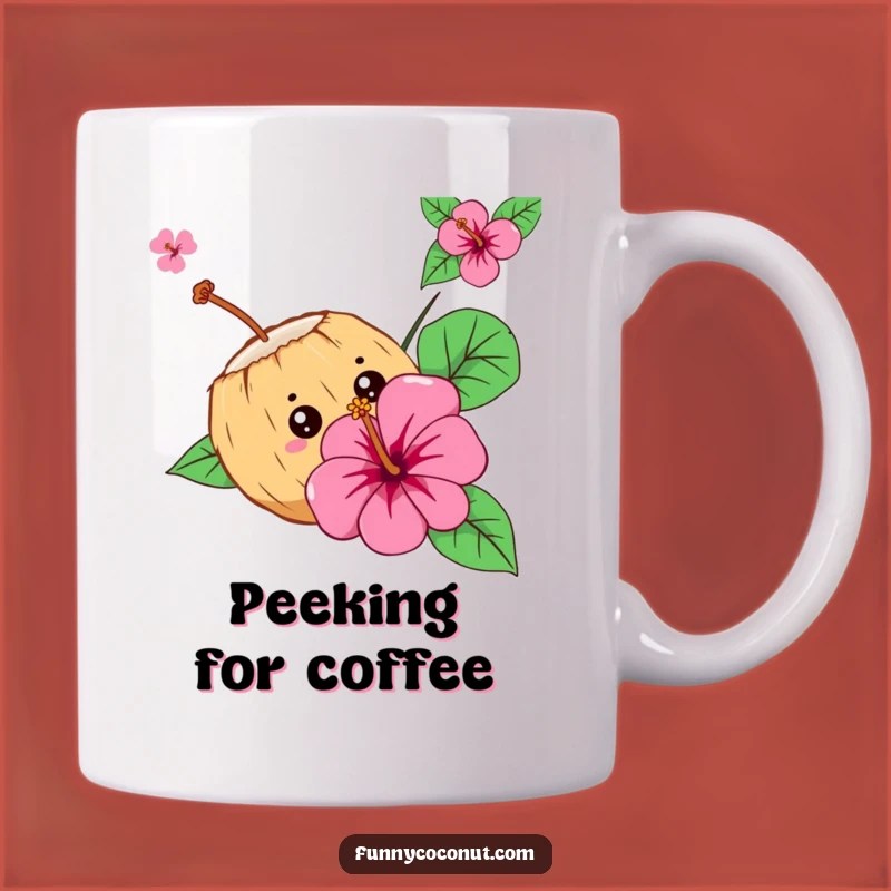 Funny Curious Coconut Mug - Peekaboo Flower, Tropical Mystery, Perfect Gift