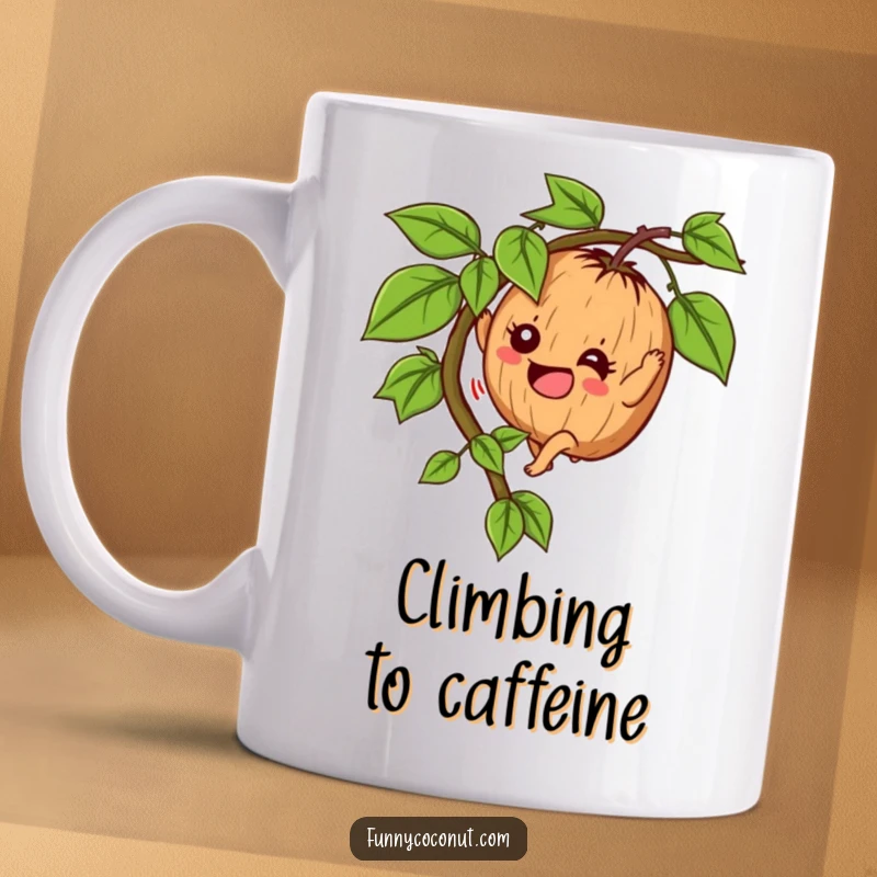 Funny Determined Coconut Mug: A cheerful coconut character enthusiastically climbs a green vine, showing determination and tropical fun.