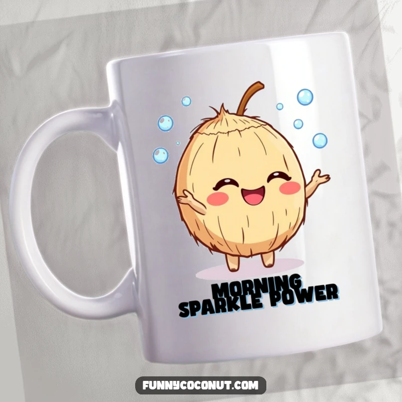 Funny giggling coconut character mug, expertly juggling sparkling dewdrops with a joyful expression, perfect for coffee lovers.