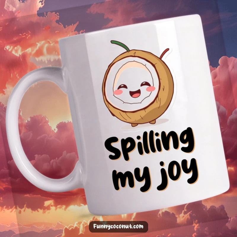Funny mug featuring a coconut character split in half with a wide, giggling smile, showing pure happiness.