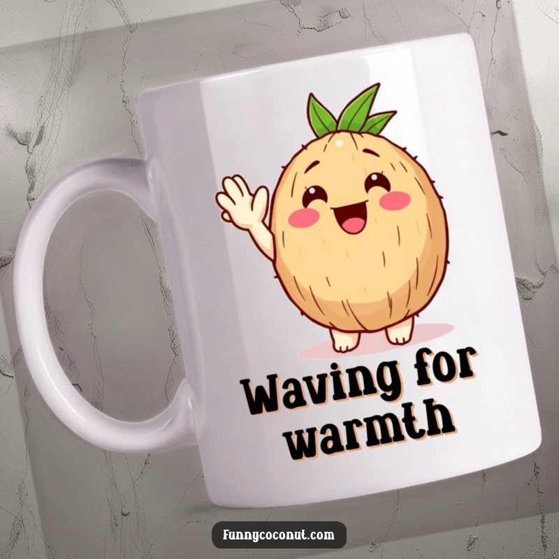 Funny Happy Coconut Mug: A smiling coconut character gives a big, friendly wave, radiating warmth and tropical cheer.