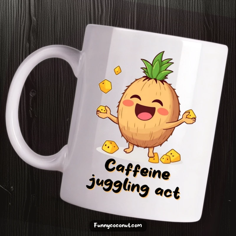 Funny mug featuring a laughing coconut character with intense focus, enthusiastically juggling small pineapple chunks in mid-air.