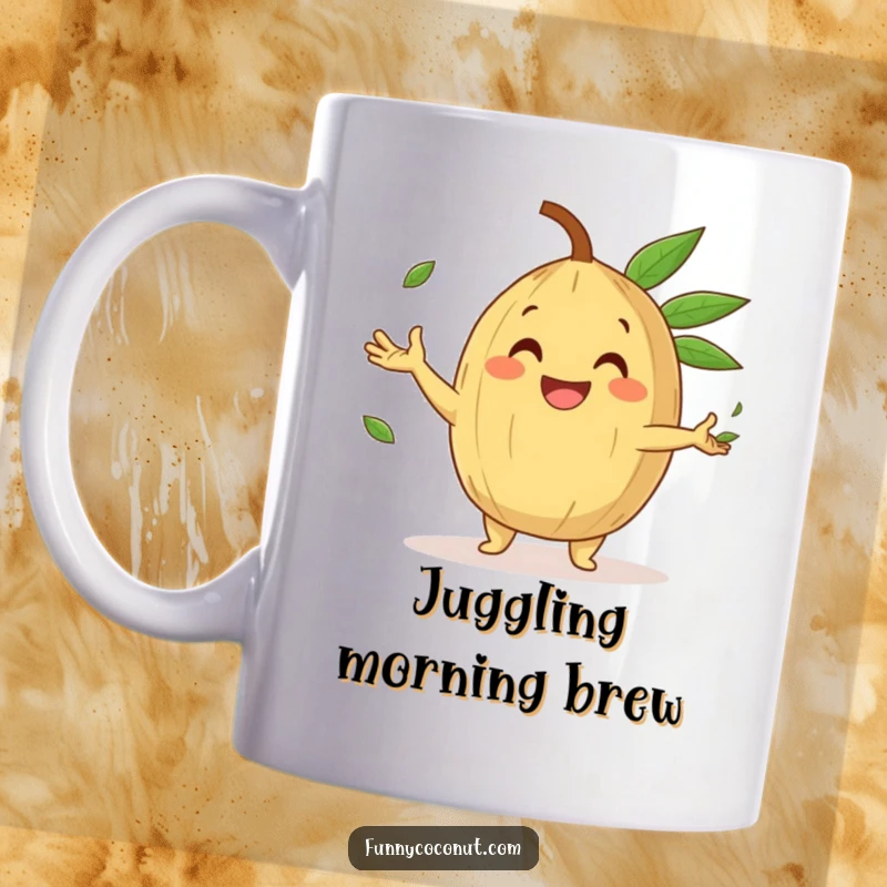 Funny Mug of a happy coconut character with a gleeful grin, skillfully juggling small palm leaves, showing pure joy.