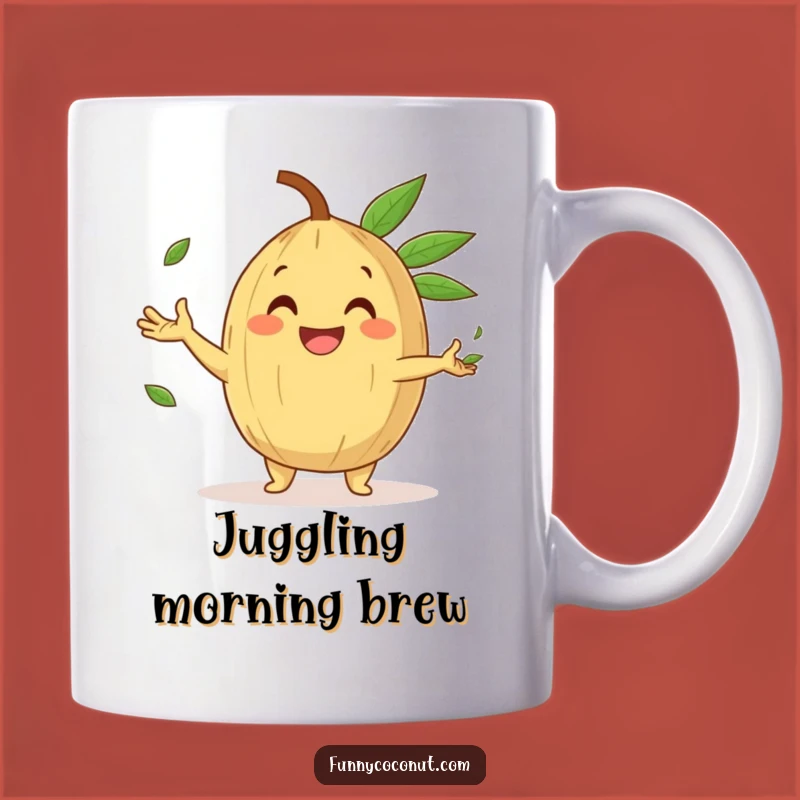 Funny Juggling Coconut Mug: Happy Leaves & Gleeful Grin Gift