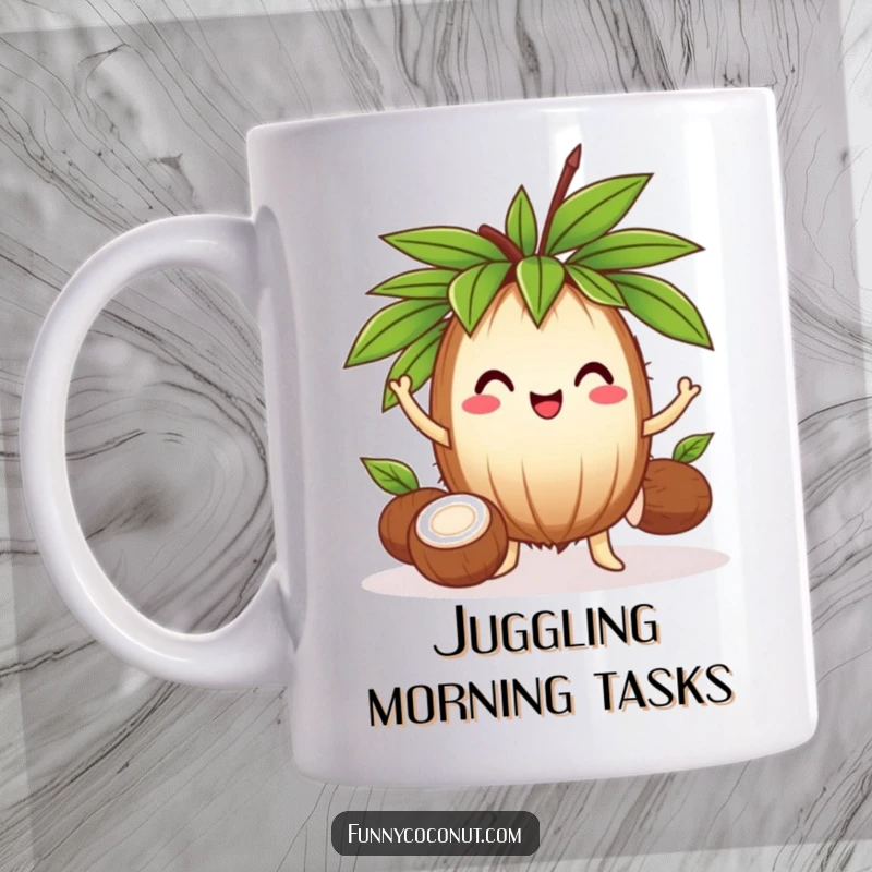 Funny cheerful coconut wearing a leafy crown, skillfully juggling three smaller coconuts, showcasing tropical flair.