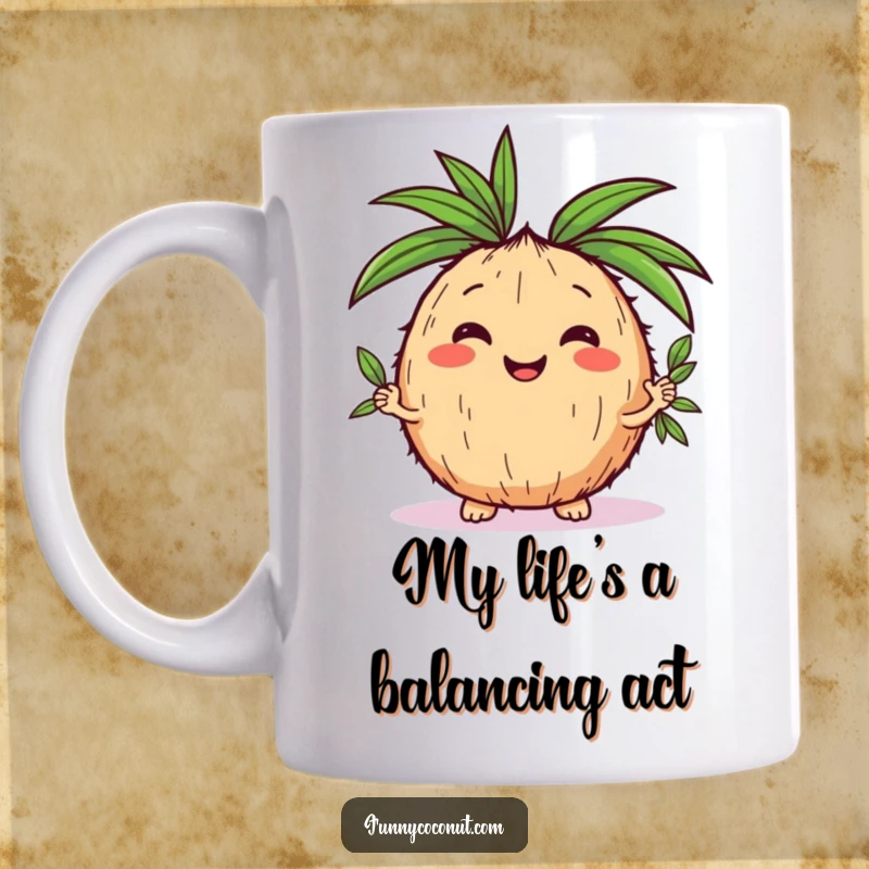 Funny kawaii coconut happily juggling three small palm leaves, bursting with tropical, cheerful energy, ideal for a mug.