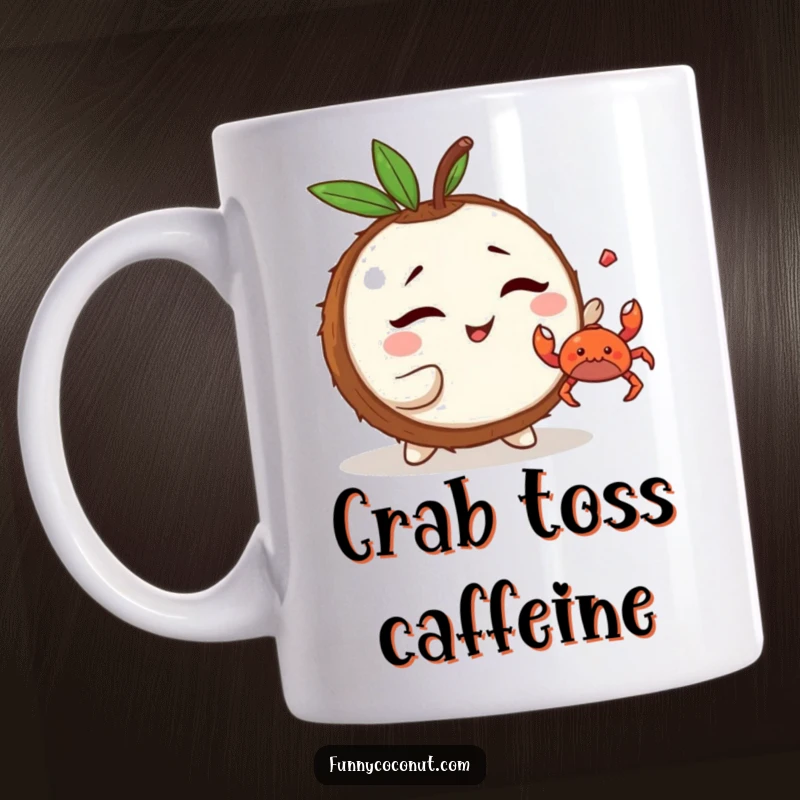 Funny Kawaii Coconut Mug: a mischievous character winking and playfully tossing a tiny crab, embodying beachside mischief.
