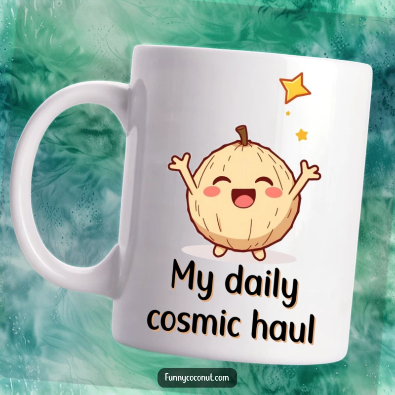 Funny mug featuring a delighted coconut with arms outstretched catching a shooting star, full of joy and wonder.