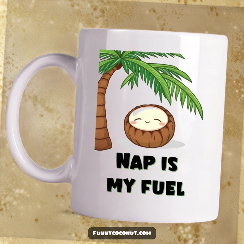 Funny mug featuring a sleeping coconut with a serene smile napping peacefully under a tropical palm tree.