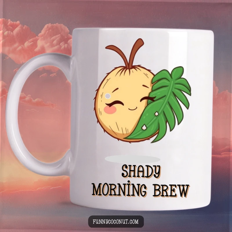 Funny ceramic mug featuring a winking coconut holding an oversized palm leaf, ready for a tropical escape.