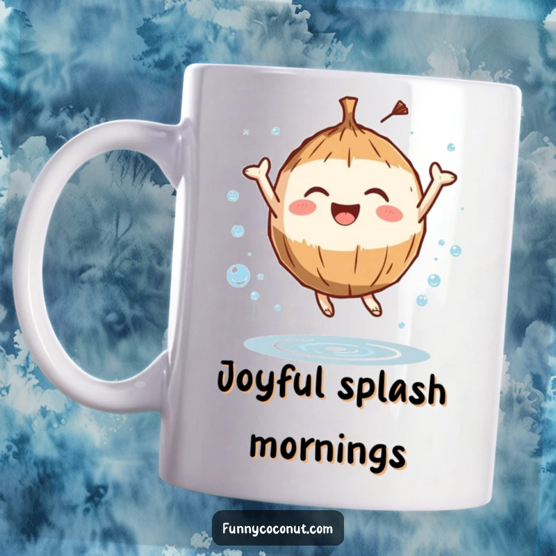 Funny mug showing an ecstatic coconut character leaping joyfully, surrounded by sparkling water droplets, embodying pure, refreshing happiness.