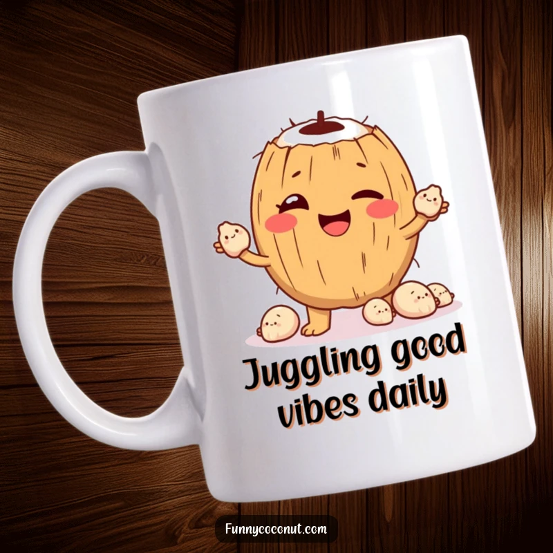 Funny Mug: A coconut character winks cheekily while skillfully juggling small, smiling seashells, embodying seaside fun.