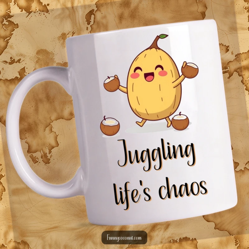 Funny Coconut Juggler Mug: A jubilant coconut character attempts to juggle smaller coconuts with a happy, determined expression, embodying playful chaos.