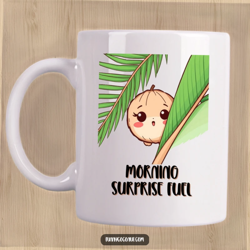 Funny mug showing a surprised coconut playfully peeking from behind a large palm leaf, with wide eyes and a startled expression.