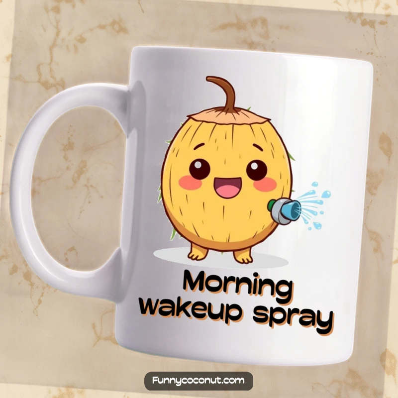 Funny mug with a cheerful coconut character joyfully spraying water from a tiny hose with great enthusiasm.