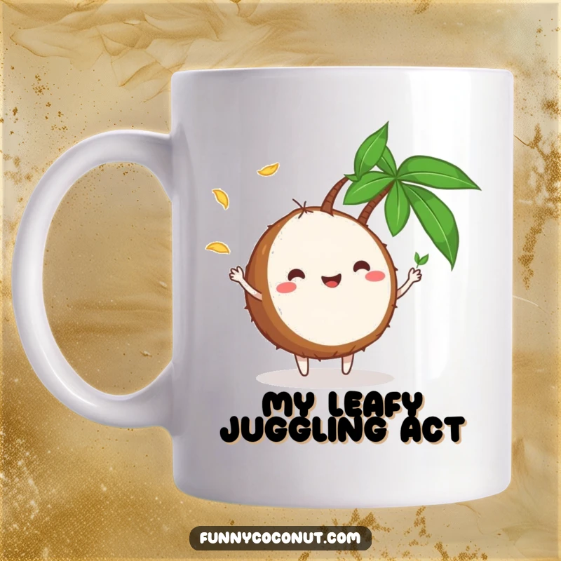 Funny Mug: Playful coconut character with a big smile, expertly juggling small green palm leaves with a tropical flair.