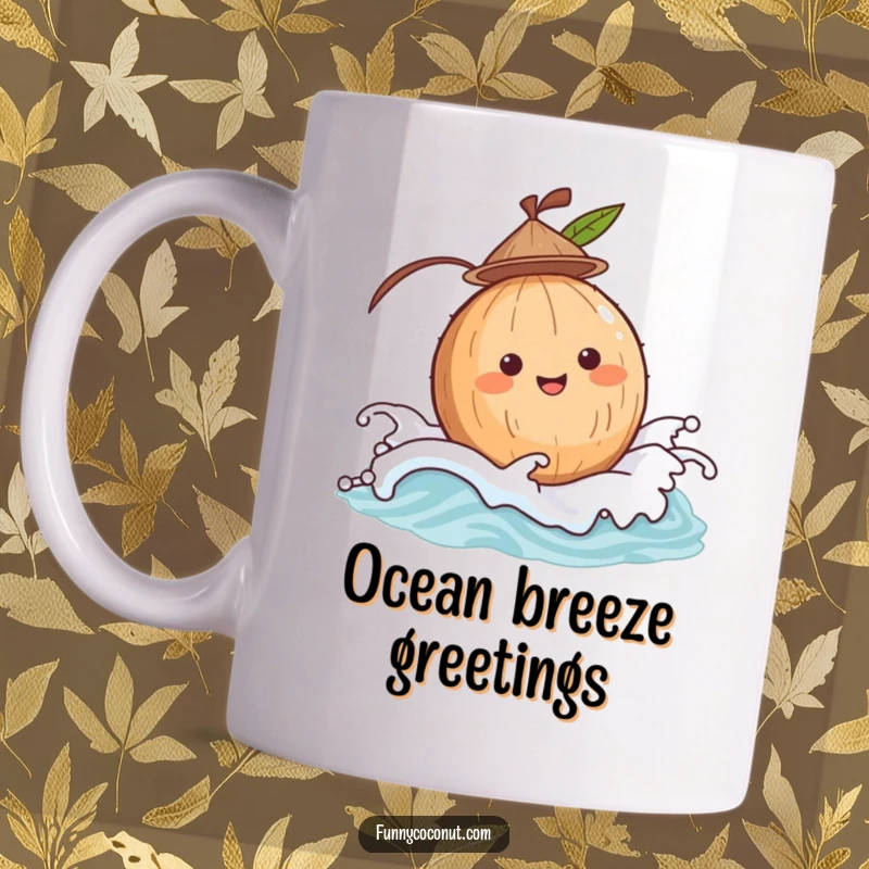 Funny happy coconut wearing a tiny hat, gently bobbing on a blue wave, embodying peaceful and joyful seaside vibes.